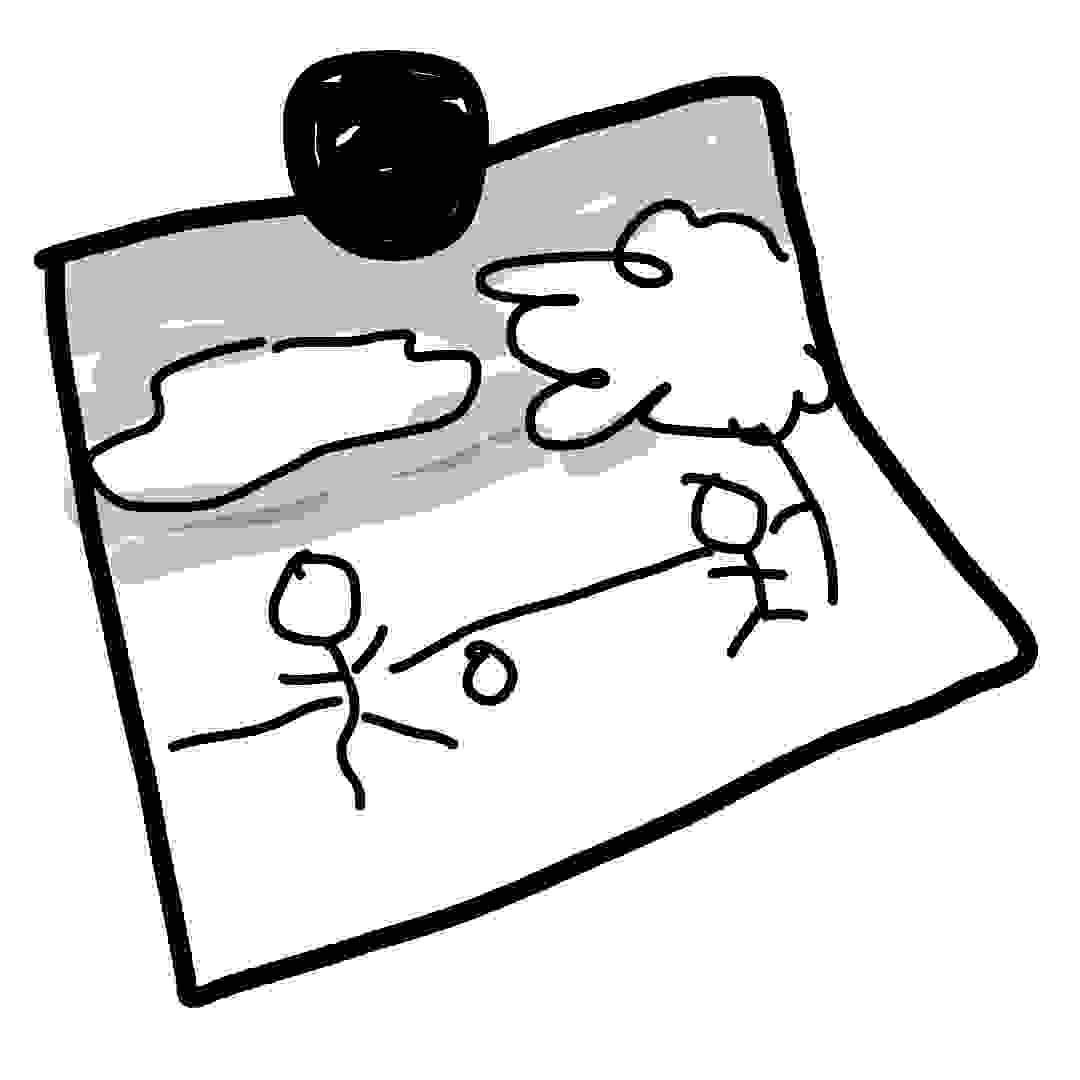Drawing of two stickmen playing with a ball in a field. In the style of a child's drawing
